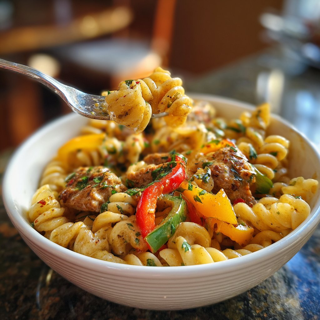 One Pot Creamy Cajun Sausage Pasta with Bell Peppers